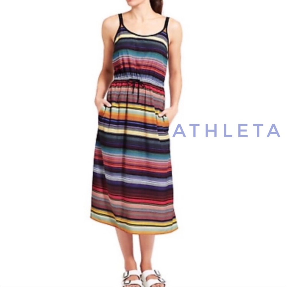 Athleta Havana Midi Dress Wanderluxe Fabric Multi Color Stripes